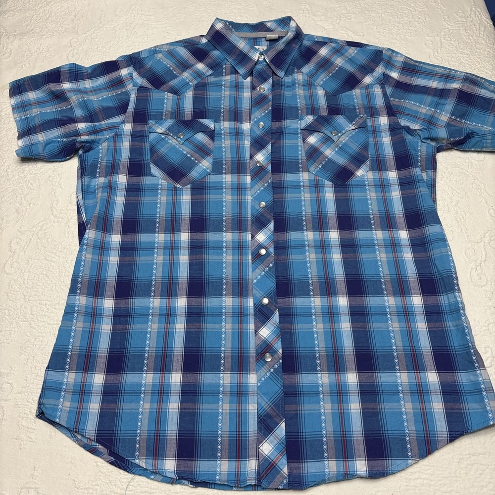 Roper Western Pearl Snap Shirt Mens X-Large Blue Plaid Embellished - Picture 2 of 12